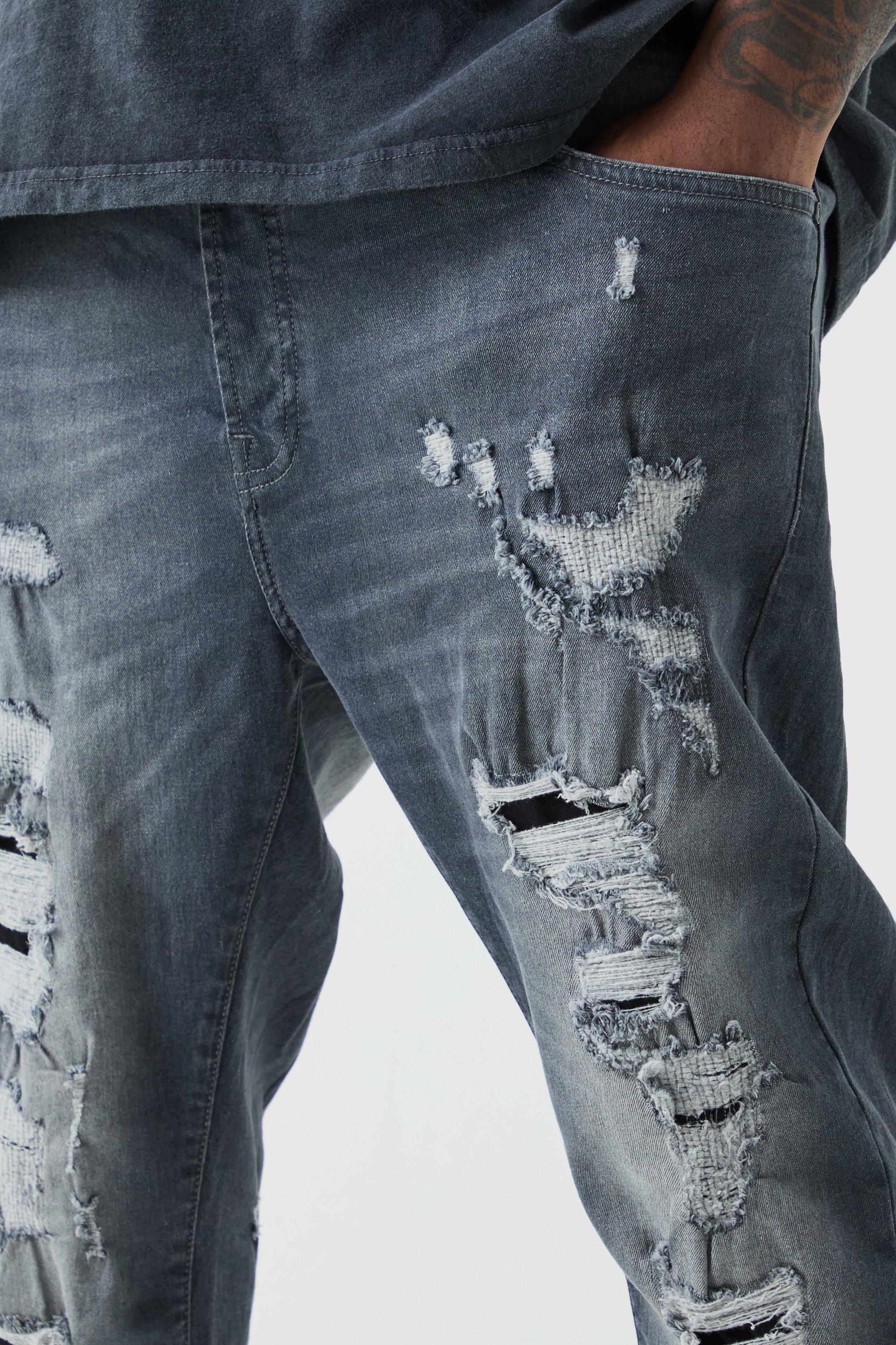 Mens dark hot sale grey distressed jeans